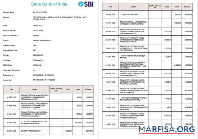 Downloadable India State Bank of India account statement word 2 pages, version 2 template